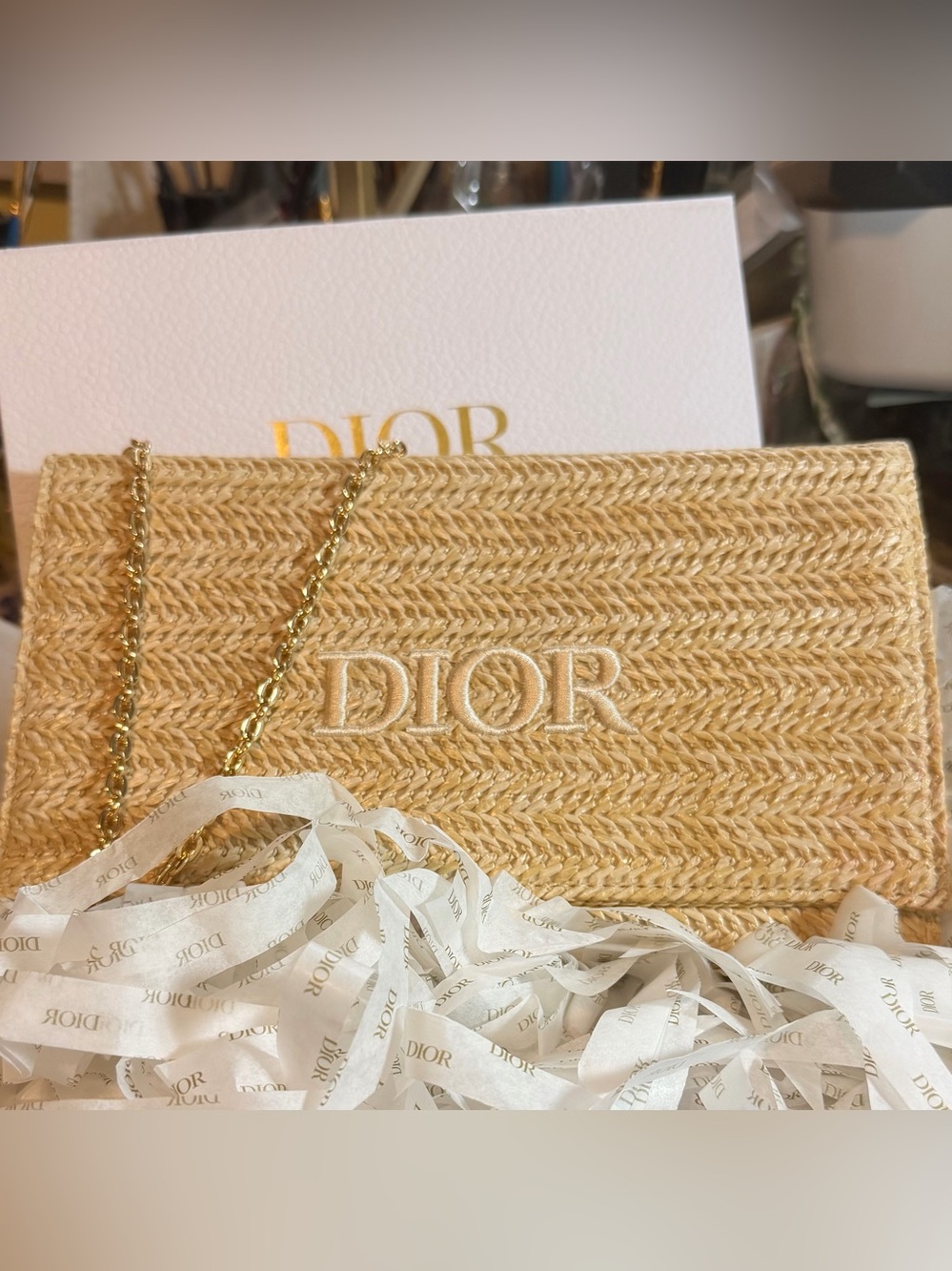 Dior Natural Raffia Conversion Clutch with Gold Chain